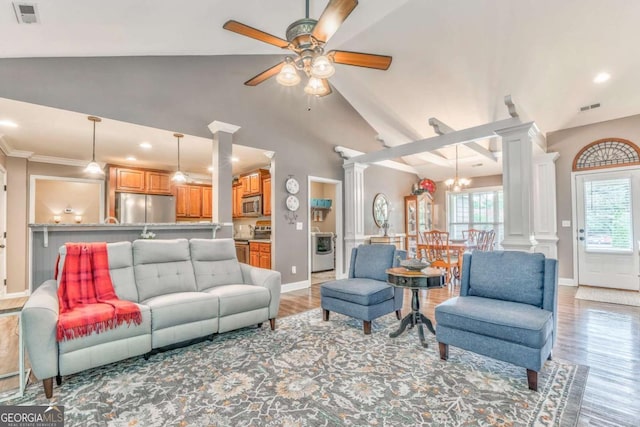 living room with ornate columns, washer / clothes dryer, a ceiling fan, light wood finished floors, and recessed lighting