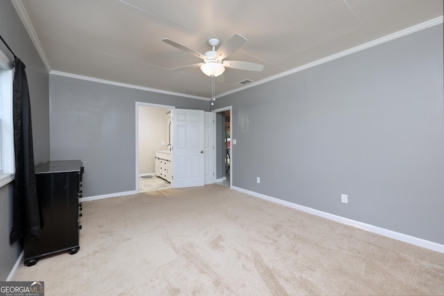 132 Jefferson Dr, Columbus, GA 31907 - unfurnished bedroom featuring ornamental molding, baseboards, carpet floors, connected bathroom, and a ceiling fan