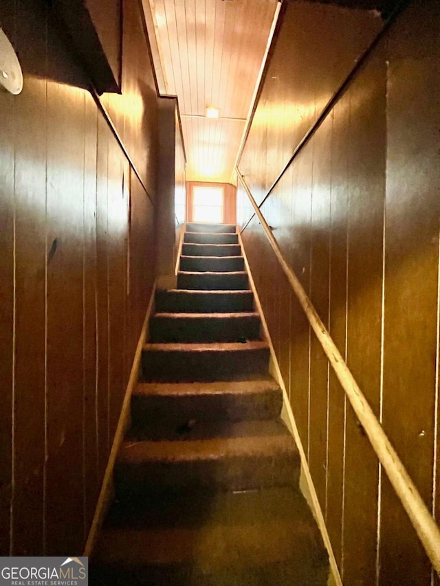 staircase featuring wooden walls