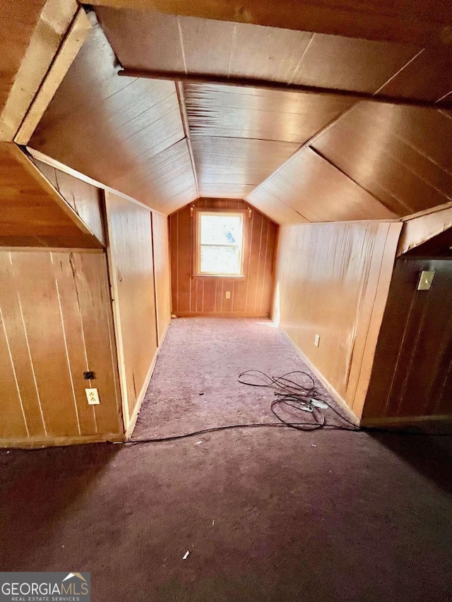 additional living space featuring vaulted ceiling, wood walls, carpet floors, and baseboards