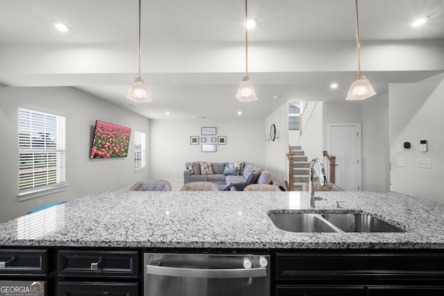 838 Maduro Way, Mcdonough, GA 30253 - kitchen with a sink, stainless steel dishwasher, dark cabinets, open floor plan, and recessed lighting
