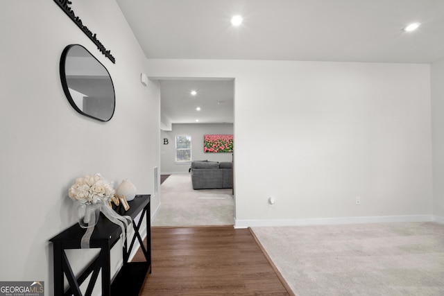 838 Maduro Way, Mcdonough, GA 30253 - hallway with recessed lighting, baseboards, and wood finished floors