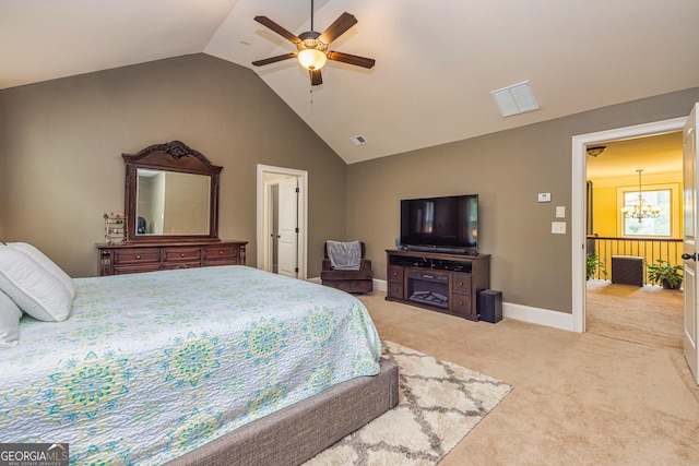 139 Village Park Dr, Newnan, GA 30265 - bedroom with light colored carpet, lofted ceiling, a chandelier, baseboards, and ceiling fan