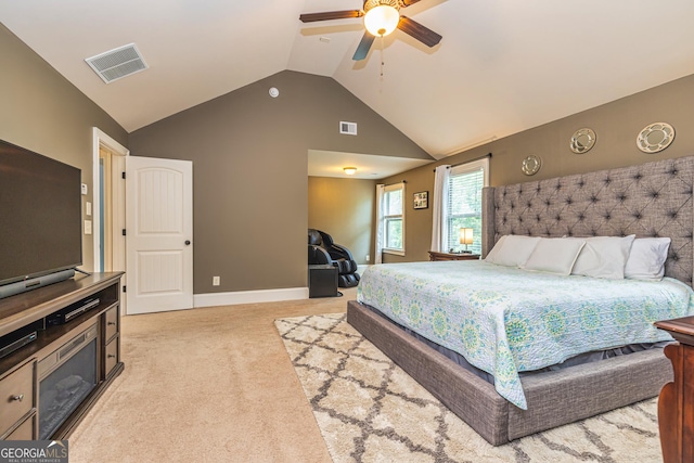 139 Village Park Dr, Newnan, GA 30265 - bedroom with light colored carpet, lofted ceiling, ceiling fan, and baseboards