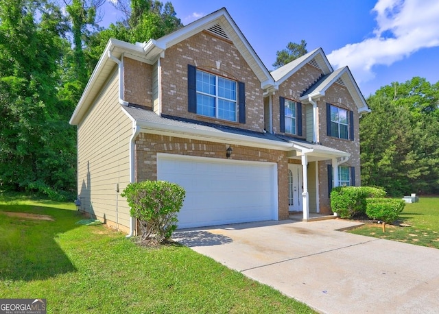 traditional home with brick siding, a garage, a front yard, and driveway
