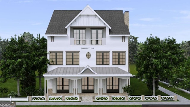 249 Lask Ln, Milton, GA 30004 - modern inspired farmhouse with a porch, a chimney, metal roof, a shingled roof, and a standing seam roof