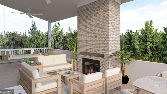 249 Lask Ln, Milton, GA 30004 - view of patio / terrace with an outdoor living space with a fireplace, ceiling fan, and outdoor dining space