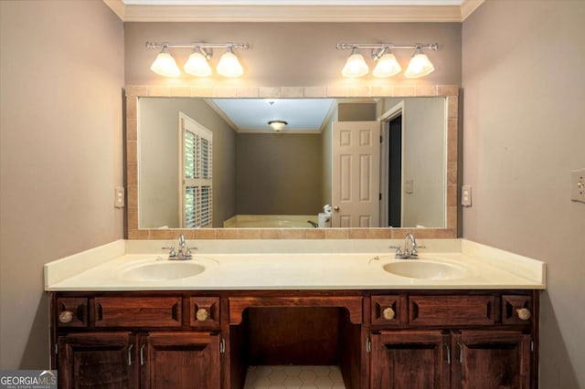full bath featuring ornamental molding and double vanity