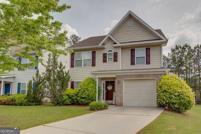 view of front facade featuring a front lawn, brick siding, concrete driveway, and a garage