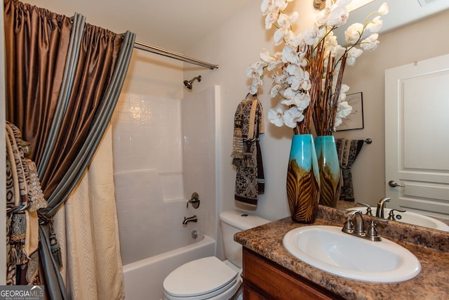 full bath with toilet, vanity, shower / bath combo, and a chandelier