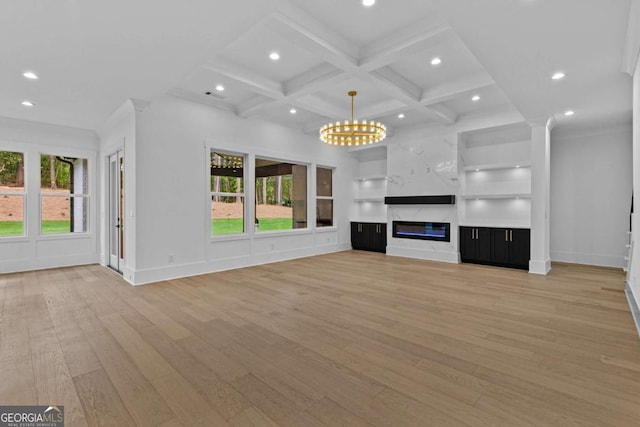 400 Auburn Rd, Auburn, GA 30011 - unfurnished living room with recessed lighting, light wood finished floors, baseboards, coffered ceiling, and beam ceiling