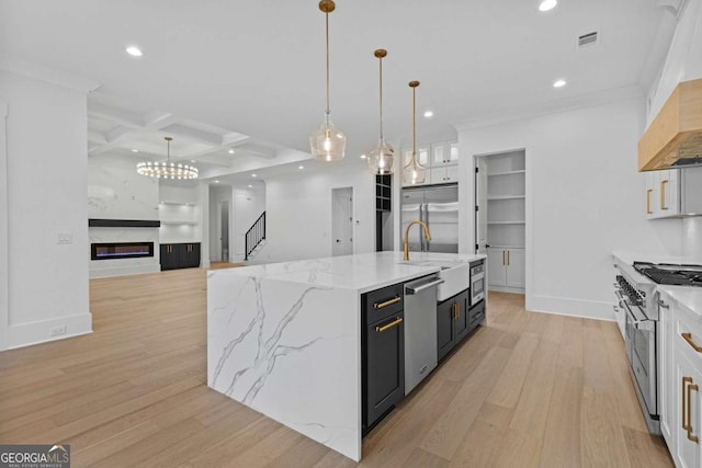 400 Auburn Rd, Auburn, GA 30011 - kitchen featuring high end appliances, coffered ceiling, recessed lighting, light wood finished floors, and a sink