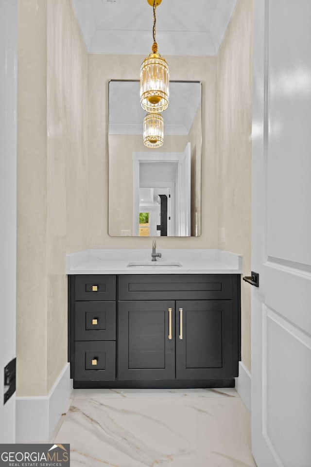 400 Auburn Rd, Auburn, GA 30011 - bathroom with marble tiled floors, a chandelier, baseboards, and vanity