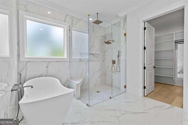400 Auburn Rd, Auburn, GA 30011 - bathroom with a marble finish shower, a soaking tub, recessed lighting, and marble finish flooring