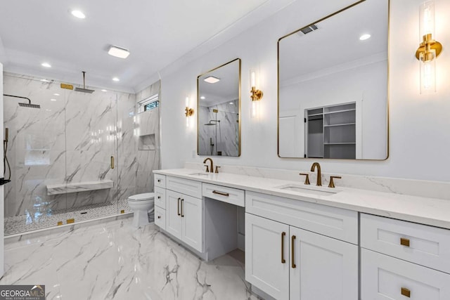 400 Auburn Rd, Auburn, GA 30011 - full bathroom featuring marble tiled flooring, crown molding, a marble finish shower, toilet, and recessed lighting