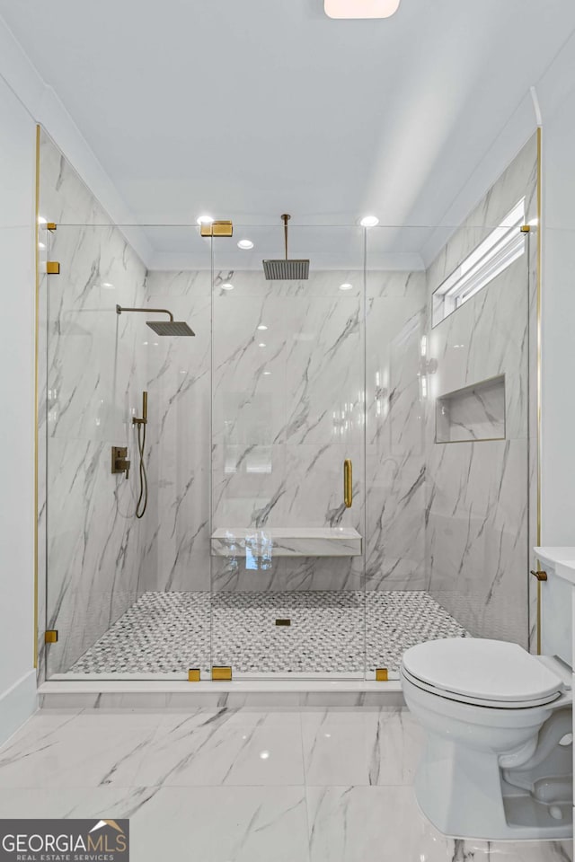 400 Auburn Rd, Auburn, GA 30011 - bathroom with marble finish flooring, toilet, a marble finish shower, and recessed lighting