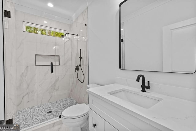 400 Auburn Rd, Auburn, GA 30011 - full bath with marble finish floors, toilet, a marble finish shower, vanity, and recessed lighting