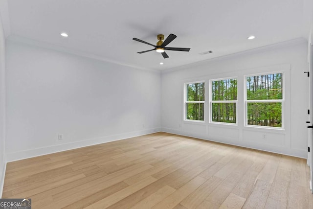 400 Auburn Rd, Auburn, GA 30011 - empty room with a ceiling fan, light wood-style floors, baseboards, recessed lighting, and ornamental molding