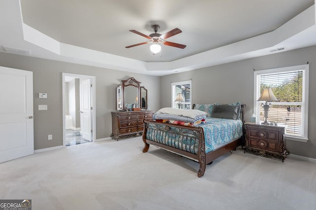 2430 Redbud Meadow Ln, Douglasville, GA 30135 - bedroom featuring a tray ceiling, light carpet, baseboards, and connected bathroom