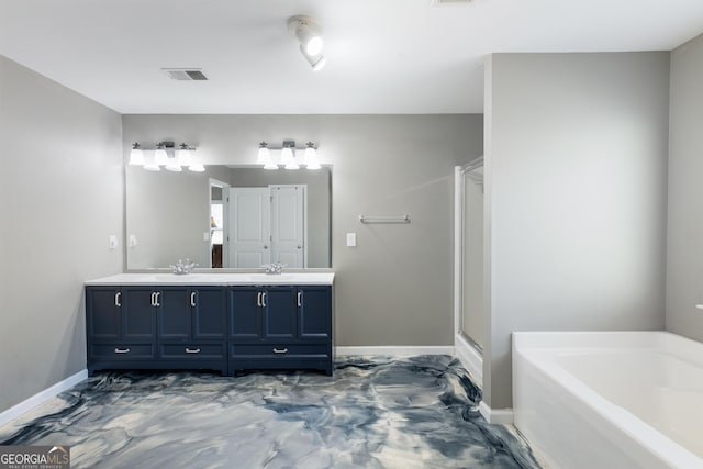 2430 Redbud Meadow Ln, Douglasville, GA 30135 - full bath with a bath, double vanity, baseboards, and a stall shower