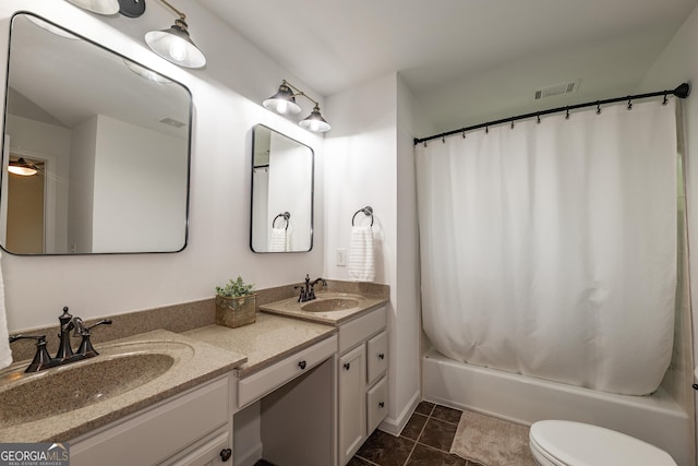 bathroom with double vanity, shower / bath combination with curtain, toilet, and tile patterned floors