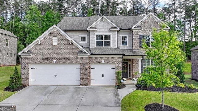 view of front of property featuring driveway, brick siding, a front lawn, a garage, and a shingled roof