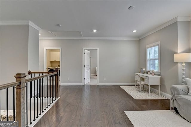 sitting room featuring attic access, crown molding, dark wood finished floors, baseboards, and recessed lighting