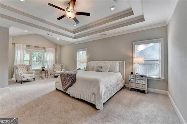 bedroom featuring ornamental molding, carpet flooring, baseboards, recessed lighting, and a raised ceiling