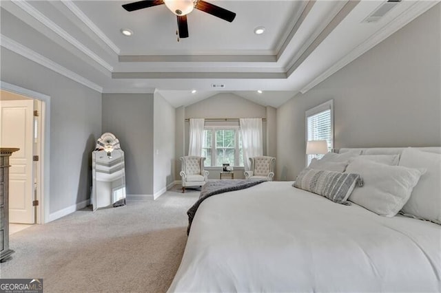 bedroom featuring light carpet, ornamental molding, a raised ceiling, baseboards, and recessed lighting