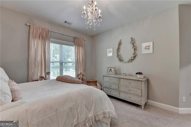 bedroom with light carpet, a chandelier, and baseboards