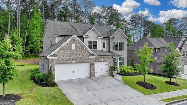 view of front of home with driveway, brick siding, a front lawn, and roof with shingles