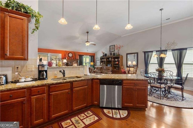 175 River Mill Ln, Dawsonville, GA 30534 - kitchen with stainless steel dishwasher, a sink, light wood-type flooring, a peninsula, and a ceiling fan