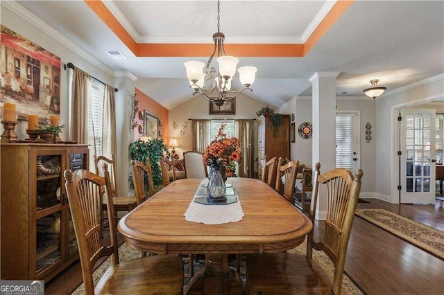 175 River Mill Ln, Dawsonville, GA 30534 - dining area with wood finished floors, plenty of natural light, crown molding, a chandelier, and a raised ceiling