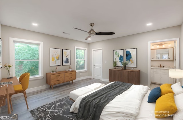 3275 Dodson Dr, East Point, GA 30344 - bedroom with light wood finished floors, recessed lighting, baseboards, connected bathroom, and a ceiling fan