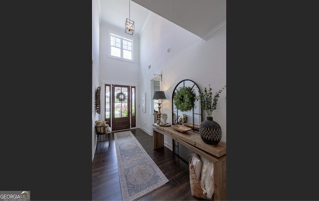 295 Graceton Farms Dr, Senoia, GA 30276 - entrance foyer with dark wood-type flooring, ornamental molding, baseboards, and a towering ceiling