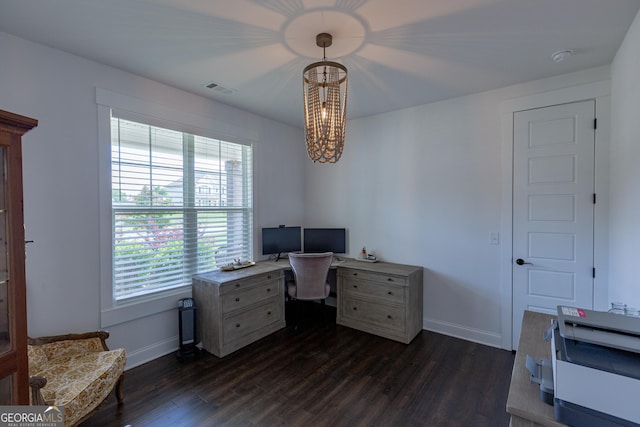 295 Graceton Farms Dr, Senoia, GA 30276 - home office with a chandelier, dark wood finished floors, and baseboards