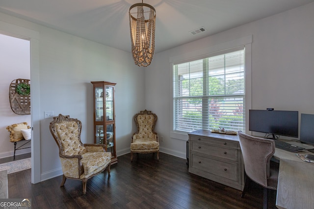 295 Graceton Farms Dr, Senoia, GA 30276 - home office with a chandelier, dark wood-style flooring, and baseboards