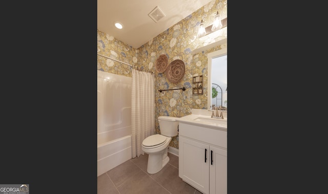 295 Graceton Farms Dr, Senoia, GA 30276 - bathroom with tile patterned floors, vanity, toilet, wallpapered walls, and shower / tub combo with curtain