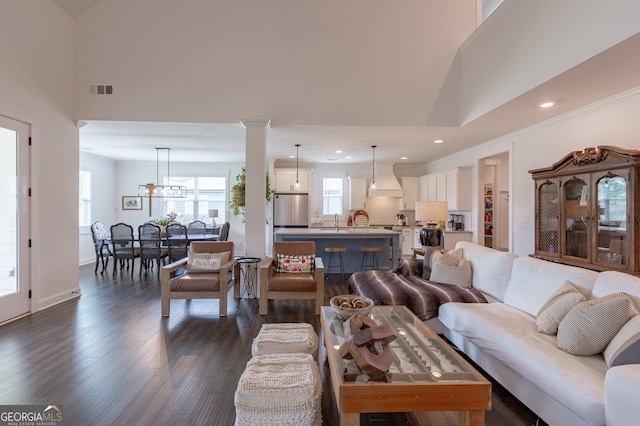 295 Graceton Farms Dr, Senoia, GA 30276 - living room featuring dark wood-type flooring, healthy amount of natural light, recessed lighting, ornate columns, and a chandelier