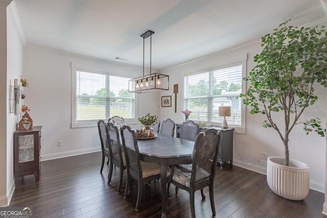 295 Graceton Farms Dr, Senoia, GA 30276 - dining space with dark wood-style flooring, ornamental molding, a chandelier, and baseboards