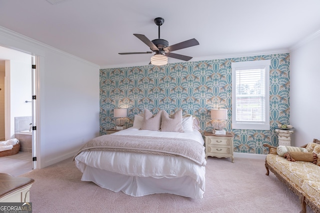 295 Graceton Farms Dr, Senoia, GA 30276 - carpeted bedroom with ornamental molding, baseboards, wallpapered walls, and ceiling fan
