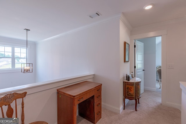 295 Graceton Farms Dr, Senoia, GA 30276 - hall with crown molding, a chandelier, light colored carpet, baseboards, and recessed lighting