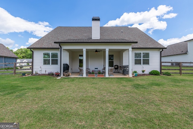 295 Graceton Farms Dr, Senoia, GA 30276 - rear view of property with ceiling fan, a patio, roof with shingles, and a chimney
