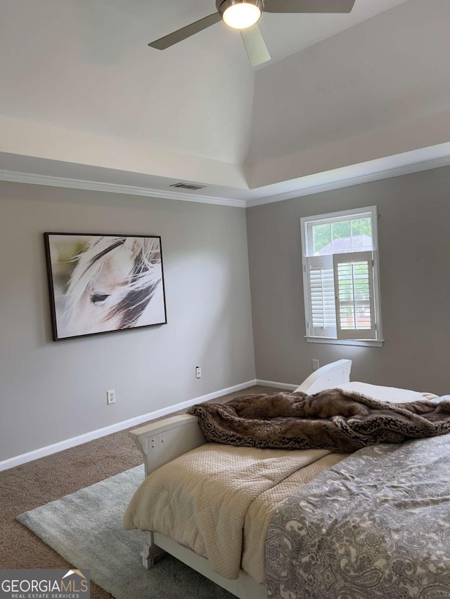 carpeted bedroom with baseboards, ceiling fan, and high vaulted ceiling
