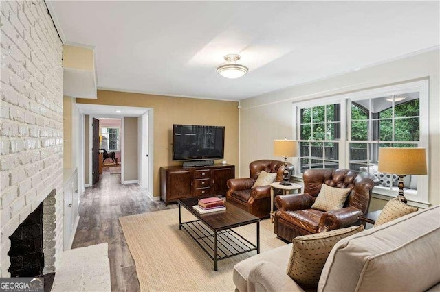 living room featuring wood finished floors, a fireplace, ornamental molding, and baseboards