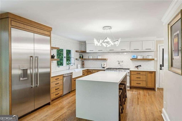 kitchen featuring open shelves, high quality appliances, a sink, and decorative backsplash