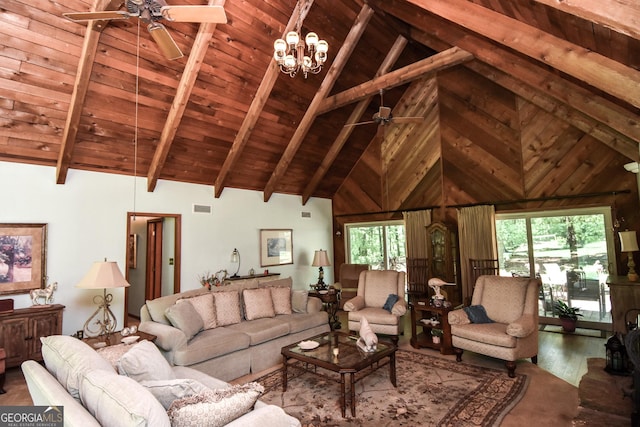 living area with a ceiling fan, high vaulted ceiling, wood finished floors, beam ceiling, and wood ceiling