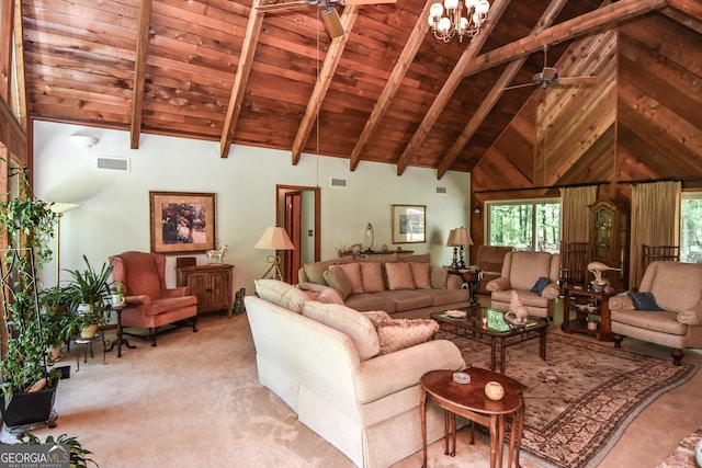 living room with a ceiling fan, wood ceiling, high vaulted ceiling, light carpet, and beam ceiling