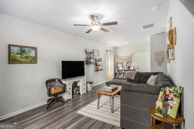 278 Lambert Overlook Cir, Carrollton, GA 30117 - living area featuring dark wood finished floors, a ceiling fan, and baseboards