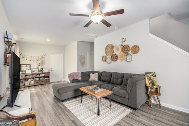 278 Lambert Overlook Cir, Carrollton, GA 30117 - living room featuring light wood finished floors, ceiling fan, baseboards, and recessed lighting